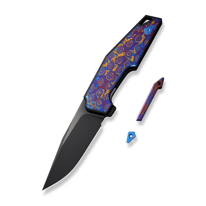 WE OAO Folding Knife Black/Purple/Gold/Blue Titanium/Timascus Handle 20CV Clip Point Plain Edge Black Stonewash Bevels/Black Brushed Flats Finish WE23001-4 3 WE OAO Folding Knife Black/Purple/Gold/Blue Titanium/Timascus Handle 20CV Clip Point Plain Edge Black Stonewash Bevels/Black Brushed Flats Finish WE23001-4