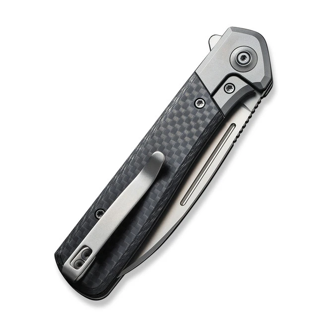 WE Soothsayer Folding Knife Gray Titanium/Black Carbon Fiber Inlay Handle 20CV Drop Point Plain Edge Silver Bead Blast Finish WE20050-1 7 WE Soothsayer Folding Knife Gray Titanium/Black Carbon Fiber Inlay Handle 20CV Drop Point Plain Edge Silver Bead Blast Finish WE20050-1 - Image 5