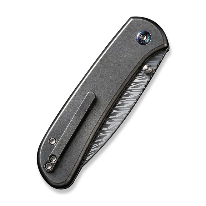 WE Qubit Folding Knife Polished Gray Orange Peel Titanium Handle Damasteel Drop Point Plain Edge WE22030F-DS1 7 WE Qubit Folding Knife Polished Gray Orange Peel Titanium Handle Damasteel Drop Point Plain Edge WE22030F-DS1 - Image 5