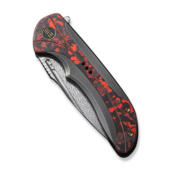 WE Equivik Folding Knife Gray/Red/Black Titanium Lava Flow Carbon Fiber Inlay Handle Damasteel Drop Point Plain Edge WE23020-DS1 6 WE Equivik Folding Knife Gray/Red/Black Titanium Lava Flow Carbon Fiber Inlay Handle Damasteel Drop Point Plain Edge WE23020-DS1 - Image 4