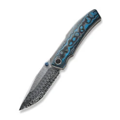 WE Swordfin Folding Knife Black/Blue Arctic Storm Fat Carbon Fiber Handle Damasteel Tanto Plain Edge WE23067-DS1