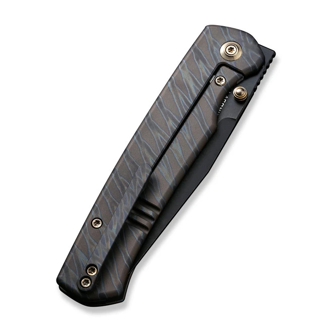 WE Evoke Folding Knife Tiger Striped Pattern Flamed Titanium Handle 20CV Clip Point Plain Edge Black Stonewash Finish WE21046-4 9 WE Evoke Folding Knife Tiger Striped Pattern Flamed Titanium Handle 20CV Clip Point Plain Edge Black Stonewash Finish WE21046-4 - Image 7