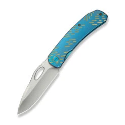 WE Inmate Folding Knife Blue/Golden Raindrop Titanium Handle 20CV Plain Edge Satin Finish WE23096B-3