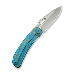 WE Inmate Folding Knife Blue/Golden Raindrop Titanium Handle 20CV Plain Edge Satin Finish WE23096B-3 -We Knife Clipping Path Inmate WE23096B 3 2 53177.1749232139