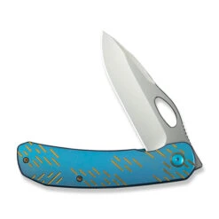 WE Inmate Folding Knife Blue/Golden Raindrop Titanium Handle 20CV Plain Edge Satin Finish WE23096B-3 -We Knife Clipping Path Inmate WE23096B 3 3 30175.1749232139