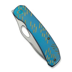WE Inmate Folding Knife Blue/Golden Raindrop Titanium Handle 20CV Plain Edge Satin Finish WE23096B-3 -We Knife Clipping Path Inmate WE23096B 3 4 20597.1749232139