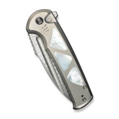 WE Sylox Folding Knife Polished Beadblast Titanium Mother Of Pearl Handle Damasteel Plain Edge WE24027-DS1 -We Knife Clipping Path Sylox WE24027 DS1 4 87435.1741371759
