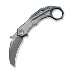 WE Tayra Folding Knife Karambit Gray Titanium/Blue Titanium Integral Backspacer & Finger Ring Handle M390 Plain Edge Stonewash Finish WE24069-2