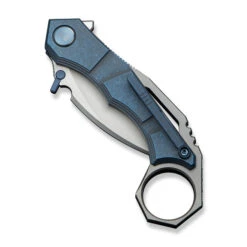 WE Tayra Folding Knife Karambit Blue Titanium/GrayTitanium Integral Backspacer & Finger Ring Handle M390 Plain Edge Hand Rubbed Satin Finish WE24069-3 -We Knife Clipping Path Tayra WE24069 3 4 35721.1752496112