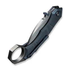 WE Tayra Folding Knife Karambit Blue Titanium/GrayTitanium Integral Backspacer & Finger Ring Handle M390 Plain Edge Hand Rubbed Satin Finish WE24069-3 -We Knife Clipping Path Tayra WE24069 3 6 19186.1752496112