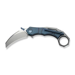 WE Tayra Folding Knife Karambit Blue Titanium/GrayTitanium Integral Backspacer & Finger Ring Handle M390 Plain Edge Hand Rubbed Satin Finish WE24069-3