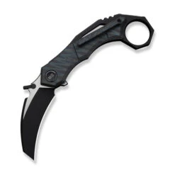 WE Tayra Folding Knife Karambit Tiger Stripe Flame Titanium/Black Titanium Integral Backspacer & Finger Ring Handle M390 Plain Edge Hand Rubbed Black SW/Satin Flat Finish WE24069-4