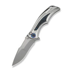 (Pre-Order Ships 9/25) WE Tighe Down Folding Knife Gray Titanium/Blue Carbon Fiber Handle M390 Drop Point Plain Edge Stonewash Finish WE24054-1