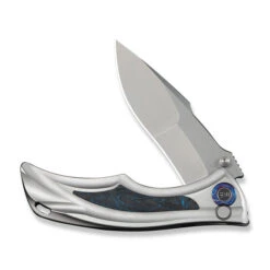 (Pre-Order Ships 9/25) WE Tighe Down Folding Knife Gray Titanium/Blue Carbon Fiber Handle M390 Drop Point Plain Edge Stonewash Finish WE24054-1 -We Knife Clipping Path Tighe Down WE24054 1 3 15737.1756830210