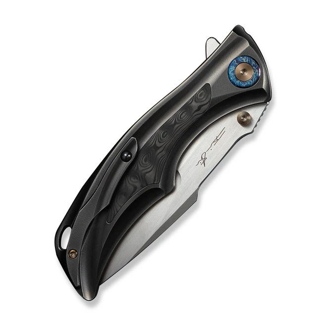 (Pre-Order Ships 9/25) WE Tighe Down Folding Knife Polished Gray Orange Peel Titanium/Rose Carbon Fiber Handle M390 Drop Point Plain Edge Hand Rubbed Satin Finish WE24054-2 9 (Pre-Order Ships 9/25) WE Tighe Down Folding Knife Polished Gray Orange Peel Titanium/Rose Carbon Fiber Handle M390 Drop Point Plain Edge Hand Rubbed Satin Finish WE24054-2 - Image 7