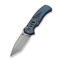 WE Button Lock Zentron Folding Knife Blue Titanium Handle M390 Plain Edge Stonewash Finish WE24094-4