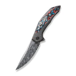 WE Merata Folding Knife Tiger Stripe Pattern Flamed Color Titanium/Nebula Fat Carbon Fiber Handle Damasteel Trailing Point Plain Edge Limited Edition WE22008B-DS1