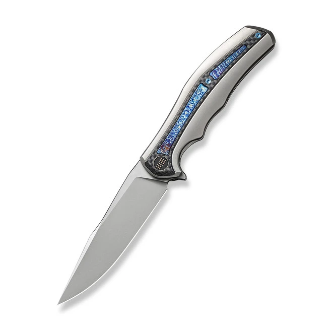 WE Zonda Folding Knife Gray Titanium/Twill Carbon Fiber/Flamed Titanium Inlay Handle 20CV Clip Point Plain Edge Silver Bead Blast Finish WE22016-2 3 WE Zonda Folding Knife Gray Titanium/Twill Carbon Fiber/Flamed Titanium Inlay Handle 20CV Clip Point Plain Edge Silver Bead Blast Finish WE22016-2