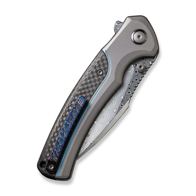 WE Ziffius Folding Knife Gray/Blue Titanium/Twill Carbon Fiber Inlay Handle Damasteel Wharncliffe Plain Edge Limited Edition WE22024A-DS1 7 WE Ziffius Folding Knife Gray/Blue Titanium/Twill Carbon Fiber Inlay Handle Damasteel Wharncliffe Plain Edge Limited Edition WE22024A-DS1 - Image 5