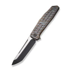 WE Shadowfire Folding Knife Tiger Stripe Flame Titanium Handle 20CV Tanto Plain Edge Black Stonewash/Satin Flat Finish WE22035-4