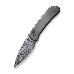 WE Qubit Folding Knife Polished Gray Orange Peel Titanium Handle Damasteel Drop Point Plain Edge WE22030F-DS1
