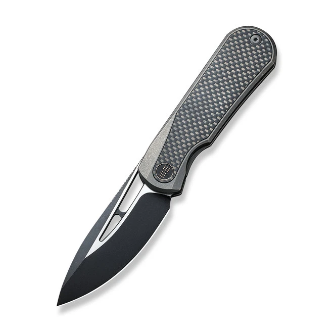 WE Baloo Flipper Folding Knife Black/Gray Titanium/Twill Carbon Fiber Inlay Handle 20CV Drop Point Plain Edge Black/Satin Flat Finish WE21033-2 3 WE Baloo Flipper Folding Knife Black/Gray Titanium/Twill Carbon Fiber Inlay Handle 20CV Drop Point Plain Edge Black/Satin Flat Finish WE21033-2