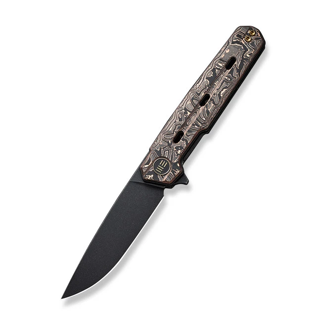 WE Navo Folding Knife Black/Copper Foil Carbon Fiber Handle 20CV Drop Point Plain Edge Black Stonewash Finish WE22026-5 3 WE Navo Folding Knife Black/Copper Foil Carbon Fiber Handle 20CV Drop Point Plain Edge Black Stonewash Finish WE22026-5
