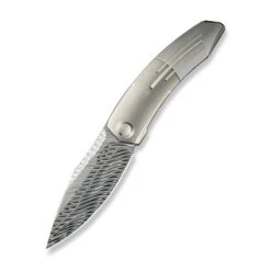 WE Sine Wave Folding Knife Polished Bead Blast/Satin Titanium Handle Fafnir Damasteel Plain Edge WE23069B-DS1