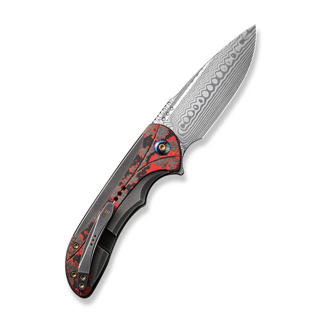 WE Equivik Folding Knife Gray/Red/Black Titanium Lava Flow Carbon Fiber Inlay Handle Damasteel Drop Point Plain Edge WE23020-DS1 4 WE Equivik Folding Knife Gray/Red/Black Titanium Lava Flow Carbon Fiber Inlay Handle Damasteel Drop Point Plain Edge WE23020-DS1 - Image 2