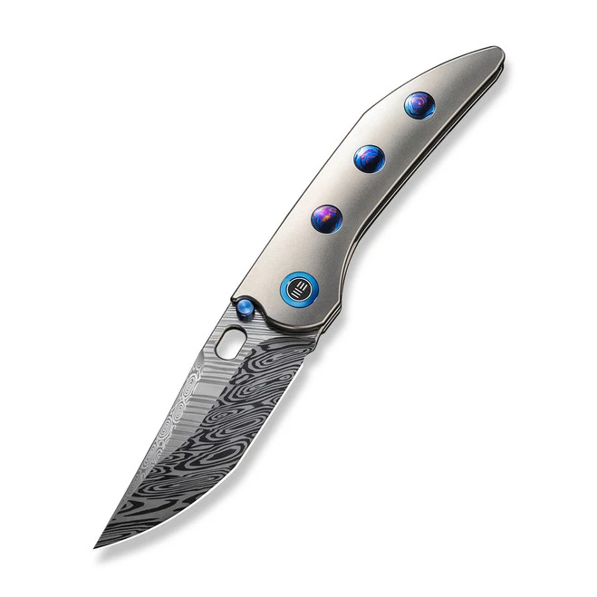 WE Attor Folding Knife Polished Bead Blast Flamed Titanium/Timascus Handle Damasteel Plain Edge WE23037-DS1 3 WE Attor Folding Knife Polished Bead Blast Flamed Titanium/Timascus Handle Damasteel Plain Edge WE23037-DS1