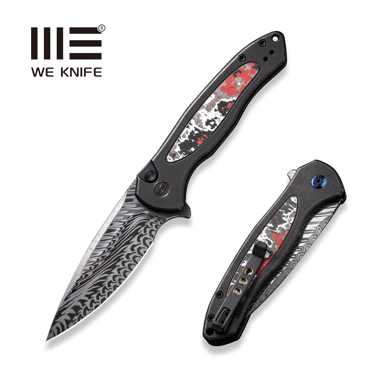 WEKNIFE Button Lock Kitefin Flipper Knife Black Titanium Handle With Nebula Fat Carbon Fiber Inlay (3.22" Fafnir Damasteel Blade) WE19002N-DS1 3 WEKNIFE Button Lock Kitefin Flipper Knife Black Titanium Handle With Nebula Fat Carbon Fiber Inlay (3.22" Fafnir Damasteel Blade) WE19002N-DS1