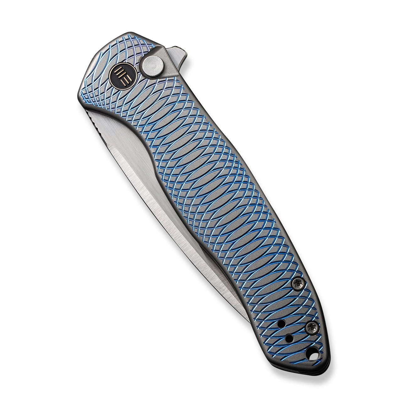 WEKNIFE Button Lock Kitefin Flipper Knife Blue Polished Ripple Patterned Gray Titanium Handle (3.22" Hand Polished Satin CPM 20CV Blade) WE19002M-3 8 WEKNIFE Button Lock Kitefin Flipper Knife Blue Polished Ripple Patterned Gray Titanium Handle (3.22" Hand Polished Satin CPM 20CV Blade) WE19002M-3 - Image 6