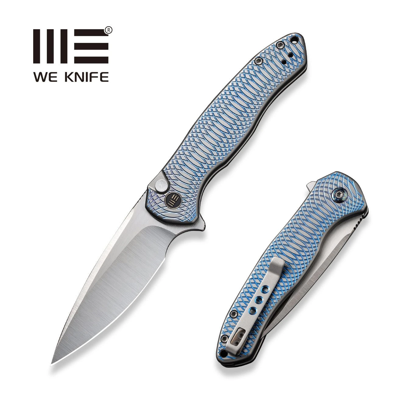 WEKNIFE Button Lock Kitefin Flipper Knife Blue Polished Ripple Patterned Gray Titanium Handle (3.22" Hand Polished Satin CPM 20CV Blade) WE19002M-3 3 WEKNIFE Button Lock Kitefin Flipper Knife Blue Polished Ripple Patterned Gray Titanium Handle (3.22" Hand Polished Satin CPM 20CV Blade) WE19002M-3