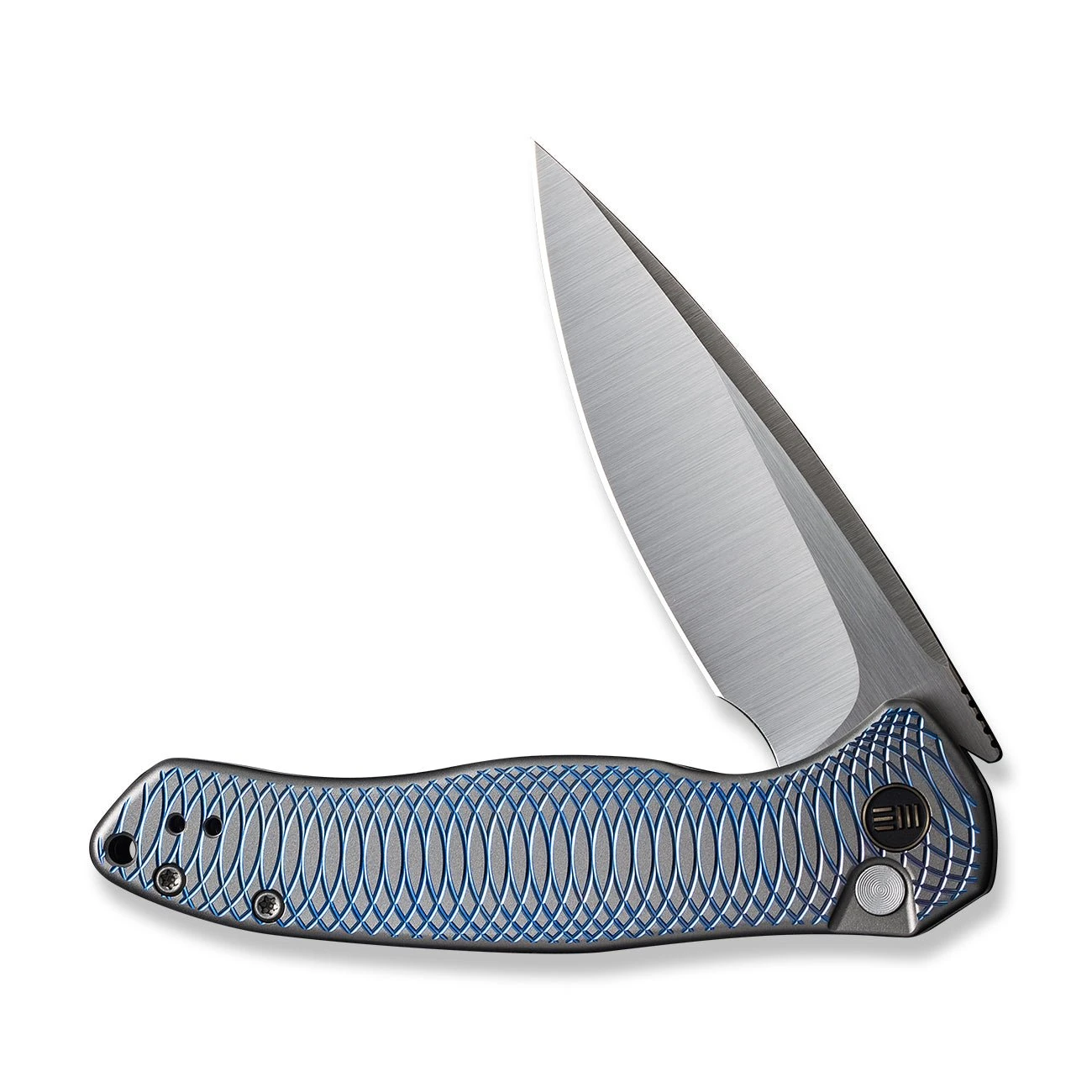 WEKNIFE Button Lock Kitefin Flipper Knife Blue Polished Ripple Patterned Gray Titanium Handle (3.22" Hand Polished Satin CPM 20CV Blade) WE19002M-3 7 WEKNIFE Button Lock Kitefin Flipper Knife Blue Polished Ripple Patterned Gray Titanium Handle (3.22" Hand Polished Satin CPM 20CV Blade) WE19002M-3 - Image 5