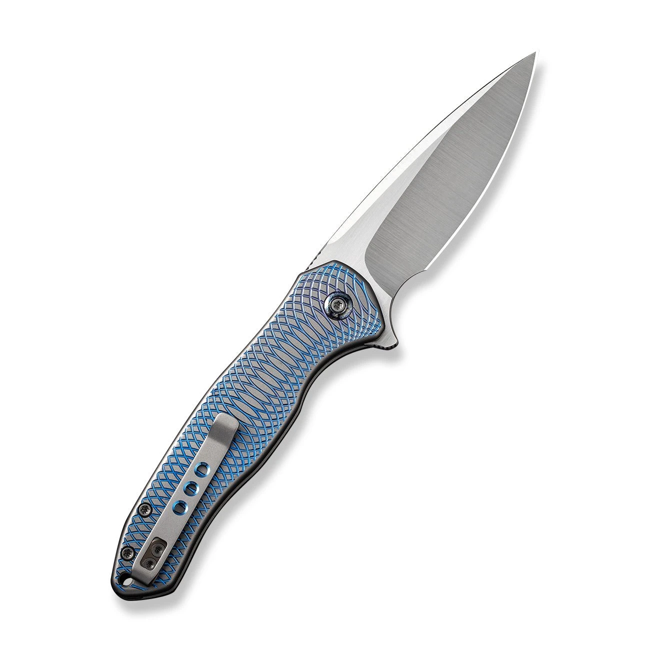WEKNIFE Button Lock Kitefin Flipper Knife Blue Polished Ripple Patterned Gray Titanium Handle (3.22" Hand Polished Satin CPM 20CV Blade) WE19002M-3 4 WEKNIFE Button Lock Kitefin Flipper Knife Blue Polished Ripple Patterned Gray Titanium Handle (3.22" Hand Polished Satin CPM 20CV Blade) WE19002M-3 - Image 2