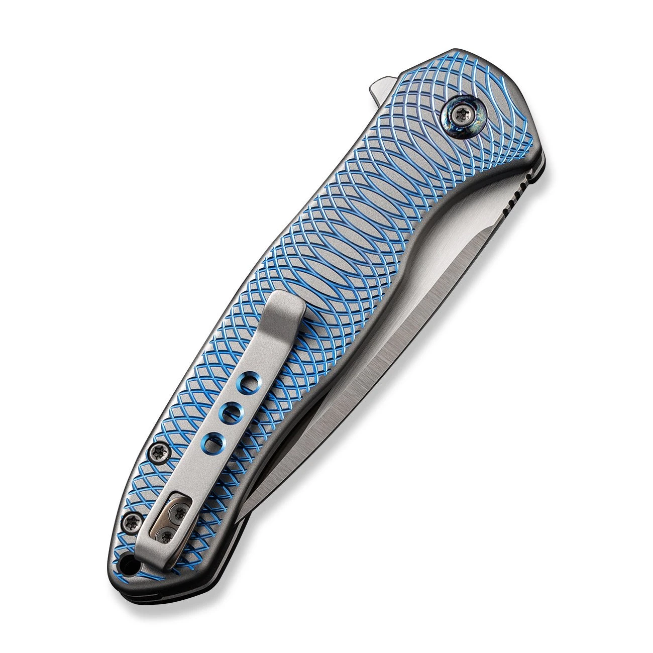 WEKNIFE Button Lock Kitefin Flipper Knife Blue Polished Ripple Patterned Gray Titanium Handle (3.22" Hand Polished Satin CPM 20CV Blade) WE19002M-3 9 WEKNIFE Button Lock Kitefin Flipper Knife Blue Polished Ripple Patterned Gray Titanium Handle (3.22" Hand Polished Satin CPM 20CV Blade) WE19002M-3 - Image 7