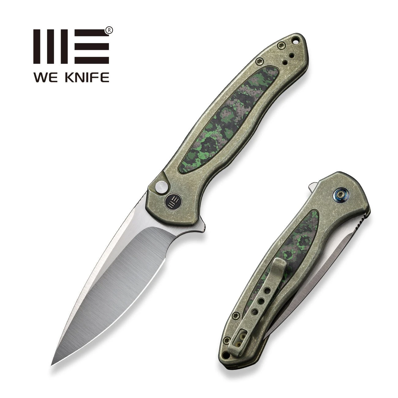 WEKNIFE Button Lock Kitefin Flipper Knife Green Titanium Handle With Jungle Wear Fat Carbon Fiber Inlay (3.22" Hand Polished Satin CPM 20CV Blade) WE19002N-2 3 WEKNIFE Button Lock Kitefin Flipper Knife Green Titanium Handle With Jungle Wear Fat Carbon Fiber Inlay (3.22" Hand Polished Satin CPM 20CV Blade) WE19002N-2