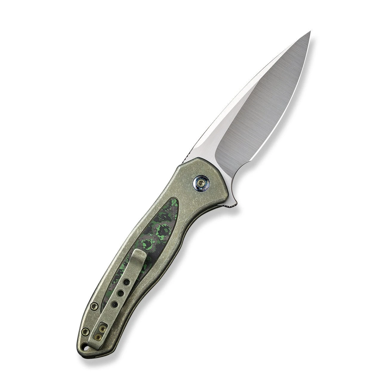 WEKNIFE Button Lock Kitefin Flipper Knife Green Titanium Handle With Jungle Wear Fat Carbon Fiber Inlay (3.22" Hand Polished Satin CPM 20CV Blade) WE19002N-2 4 WEKNIFE Button Lock Kitefin Flipper Knife Green Titanium Handle With Jungle Wear Fat Carbon Fiber Inlay (3.22" Hand Polished Satin CPM 20CV Blade) WE19002N-2 - Image 2