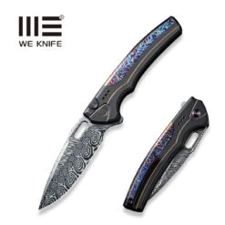New Release 19 WEKNIFE Exciton Flipper & Button Lock Knife Titanium Handle With Flamed Titanium Integral Spacer (3.68" Damasteel Blade) WE22038A-DS1