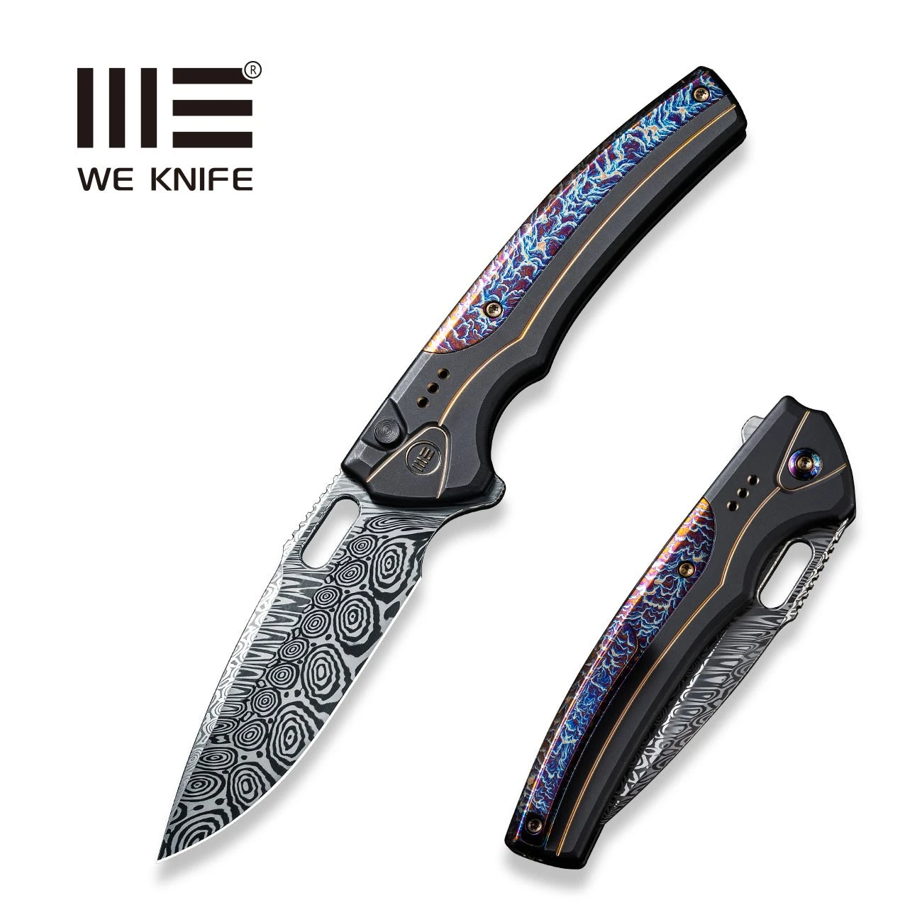 WEKNIFE Exciton Flipper & Button Lock Knife Titanium Handle With Flamed Titanium Integral Spacer (3.68" Damasteel Blade) WE22038A-DS1 3 WEKNIFE Exciton Flipper & Button Lock Knife Titanium Handle With Flamed Titanium Integral Spacer (3.68" Damasteel Blade) WE22038A-DS1