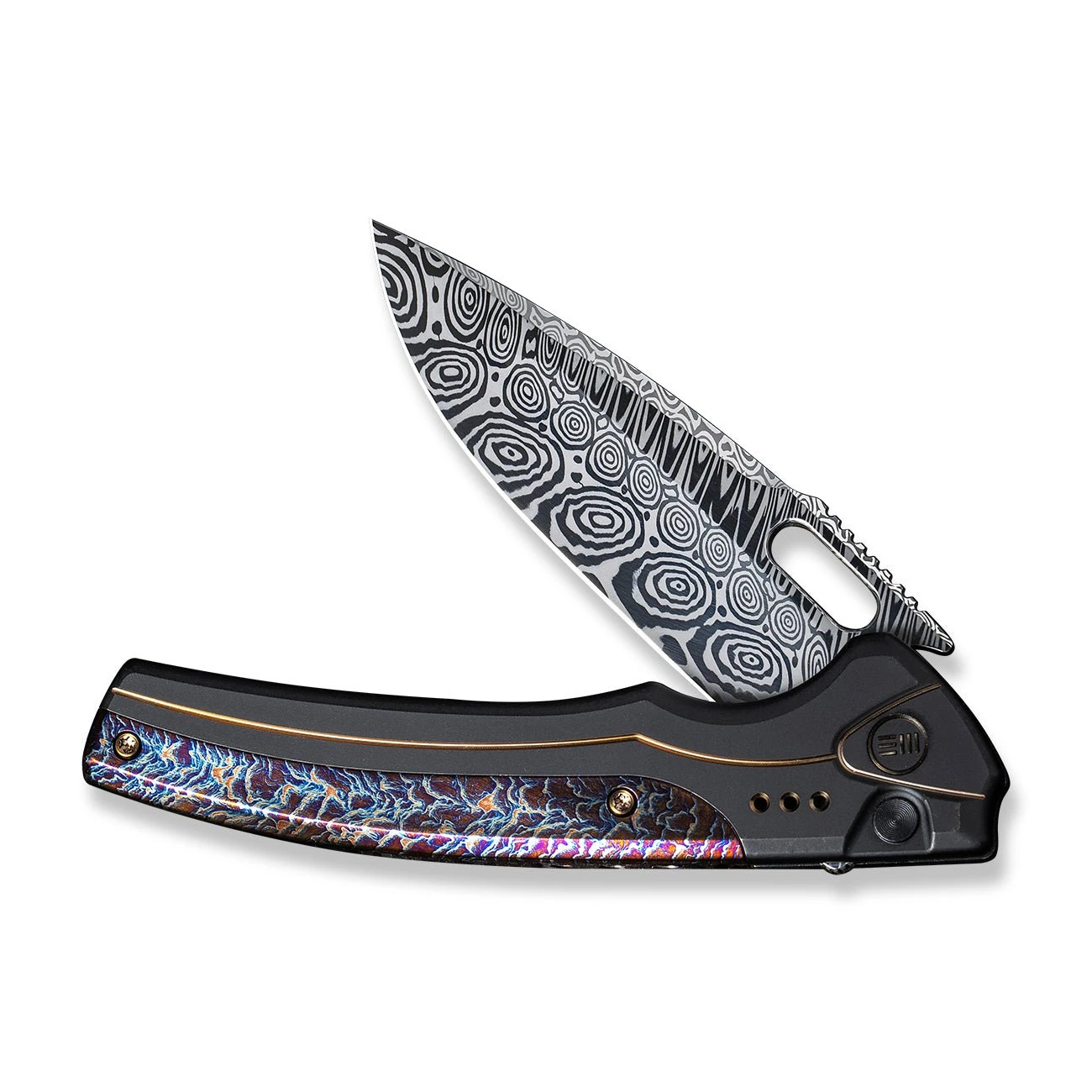 WEKNIFE Exciton Flipper & Button Lock Knife Titanium Handle With Flamed Titanium Integral Spacer (3.68" Damasteel Blade) WE22038A-DS1 7 WEKNIFE Exciton Flipper & Button Lock Knife Titanium Handle With Flamed Titanium Integral Spacer (3.68" Damasteel Blade) WE22038A-DS1 - Image 5