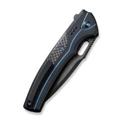 WEKNIFE Exciton Flipper & Button Lock Knife Titanium Handle With Carbon Fiber Integral Spacer (3.68" CPM 20CV Blade) WE22038A-2 -We Knife weknife exciton flipper button lock knife black titanium handle with twill carbon fiber integral spacer 368 black stonewashed bevels black brushed flats cpm 20c 809952